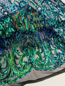 Heart Damask Sequins - Iridescent Green  - 4 Way Stretch Sequins Fabric By Yard