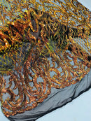 Heart Damask Sequins - Iridescent Orange on Black - 4 Way Stretch Sequins Fabric By Yard