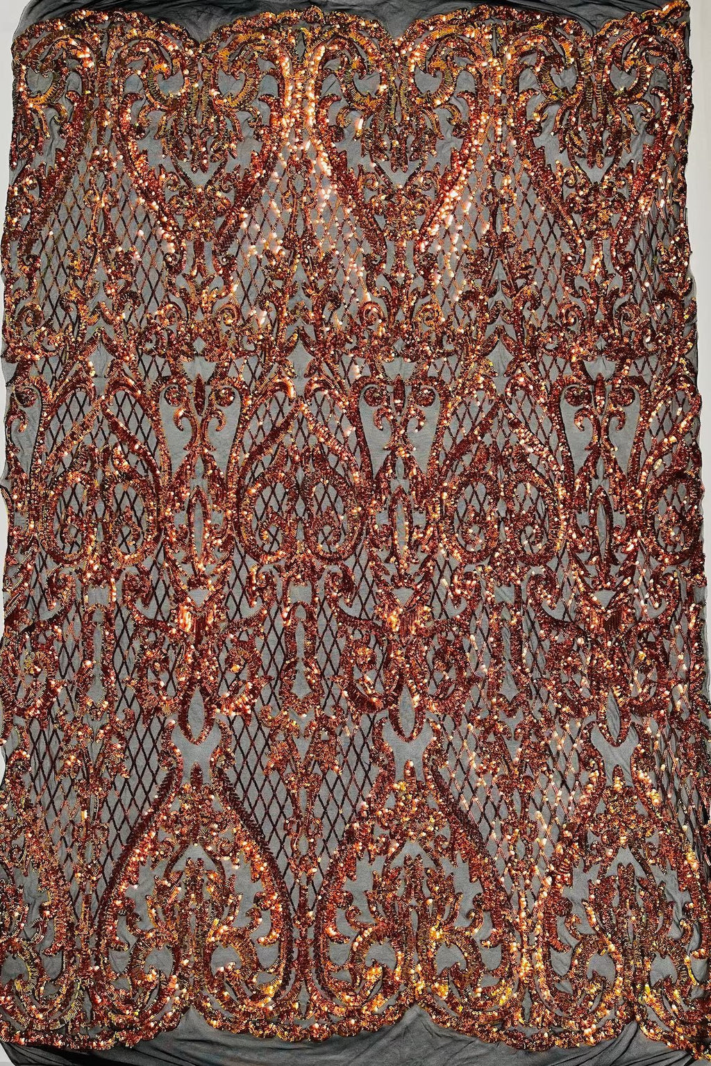 Heart Damask Sequins - Iridescent Orange on Black - 4 Way Stretch Sequins Fabric By Yard