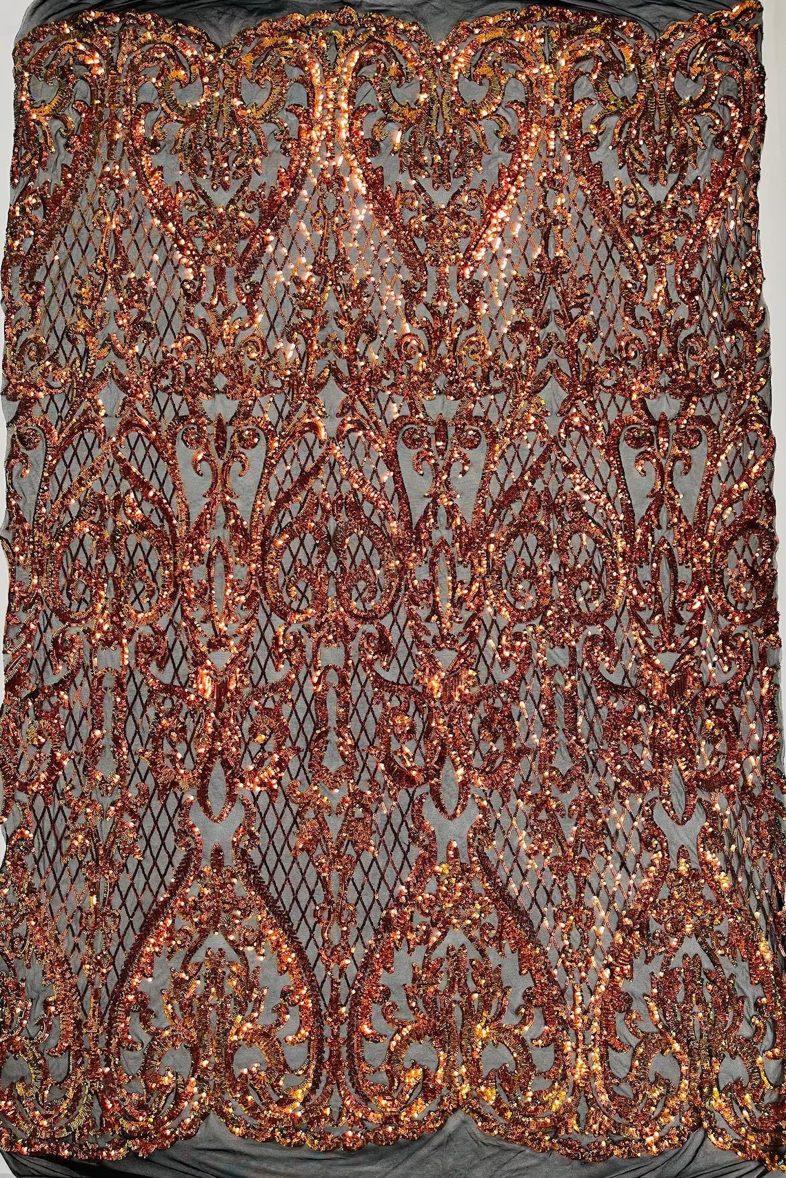 Heart Damask Sequins - Iridescent Orange on Black - 4 Way Stretch Sequins Fabric By Yard