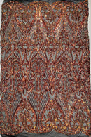Heart Damask Sequins - Iridescent Orange on Black - 4 Way Stretch Sequins Fabric By Yard