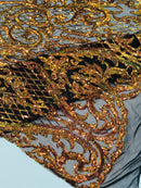 Heart Damask Sequins - Iridescent Orange on Black - 4 Way Stretch Sequins Fabric By Yard