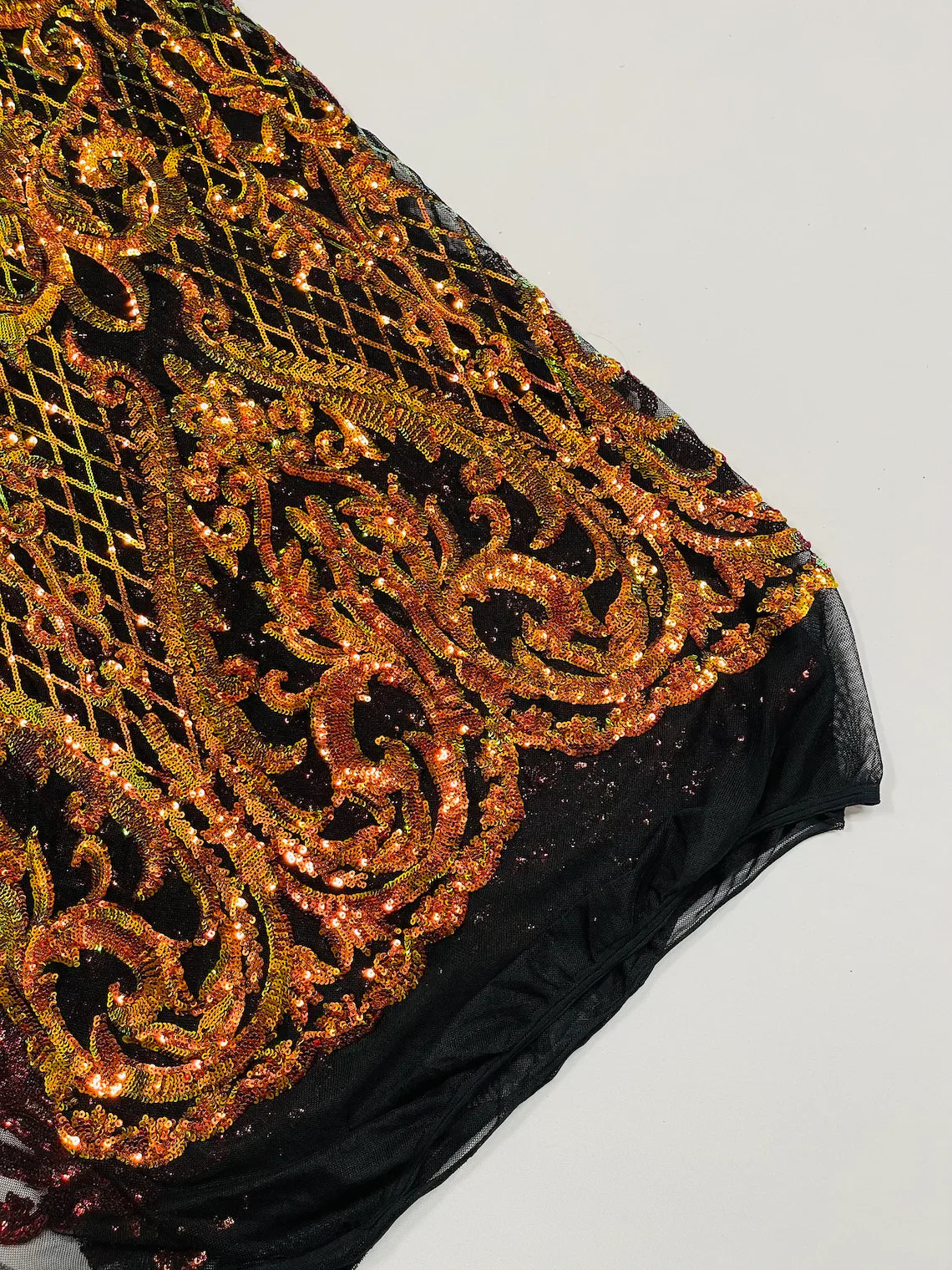 Heart Damask Sequins - Iridescent Orange on Black - 4 Way Stretch Sequins Fabric By Yard