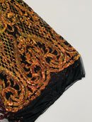 Heart Damask Sequins - Iridescent Orange on Black - 4 Way Stretch Sequins Fabric By Yard