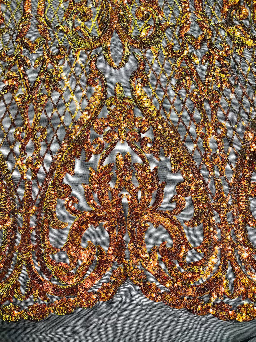 Heart Damask Sequins - Iridescent Orange on Black - 4 Way Stretch Sequins Fabric By Yard