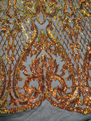 Heart Damask Sequins - Iridescent Orange on Black - 4 Way Stretch Sequins Fabric By Yard