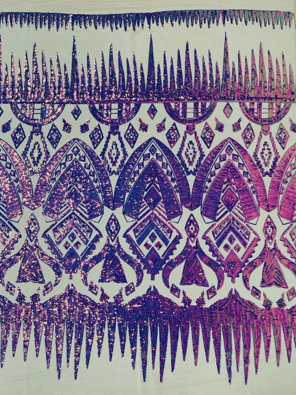 Lavender/Purple Iridescent Sequin Fabric, by the yard - Nude Mesh 4 Way Stretch Aztec Design