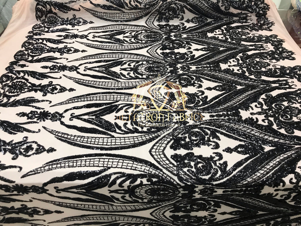 Black - Sequins 4 Way Stretch Fabric Embroidered On Mesh Sold By The Yard