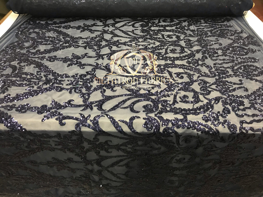 4 Way Stretch - Navy - Sequins Damask Design Fabric Embroidered On Mesh Sold By The Yard