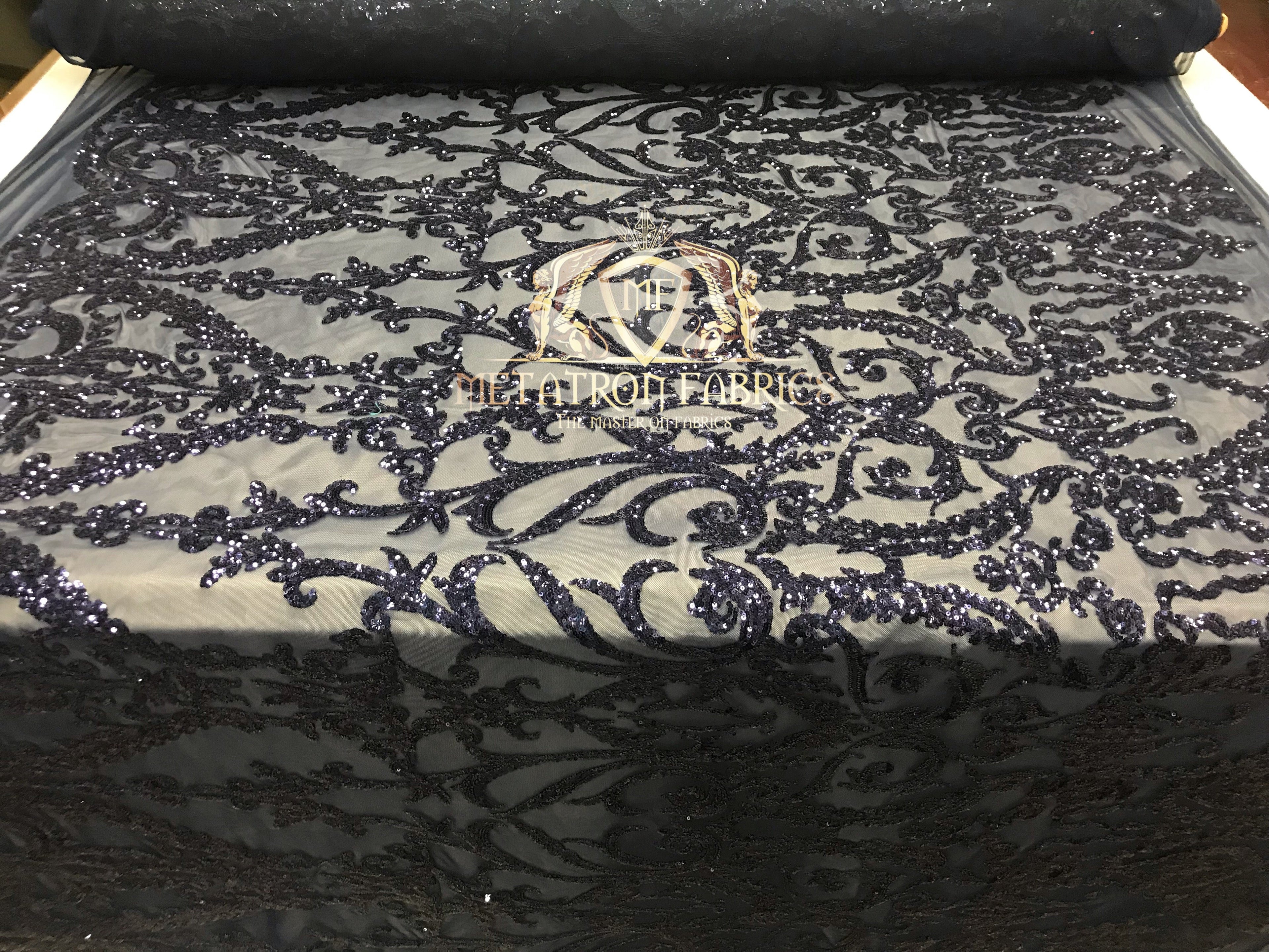 4 Way Stretch - Navy - Sequins Damask Design Fabric Embroidered On Mesh Sold By The Yard