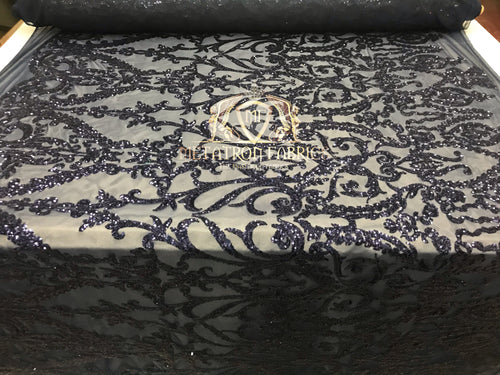4 Way Stretch - Navy - Sequins Damask Design Fabric Embroidered On Mesh Sold By The Yard