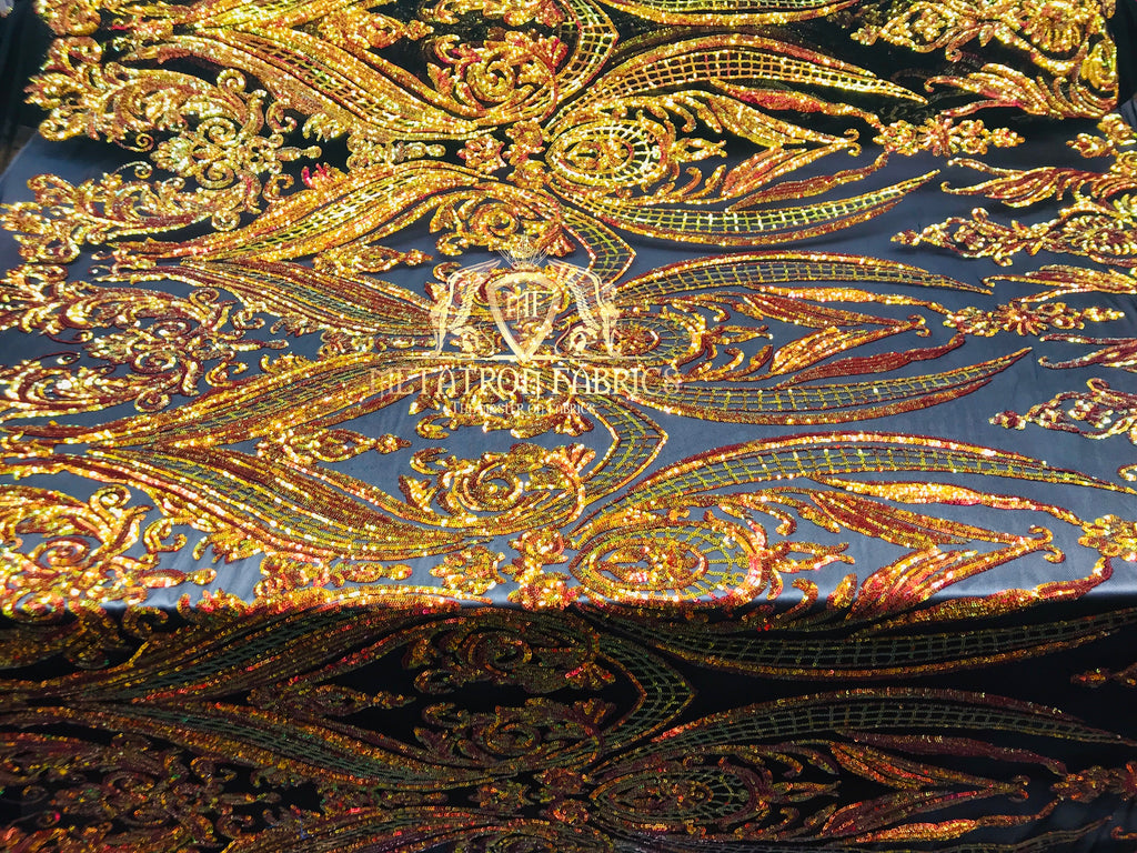 Big Damask Sequins Fabric - Orange on Black - 4 Way Stretch Damask Sequins Design Fabric By Yard