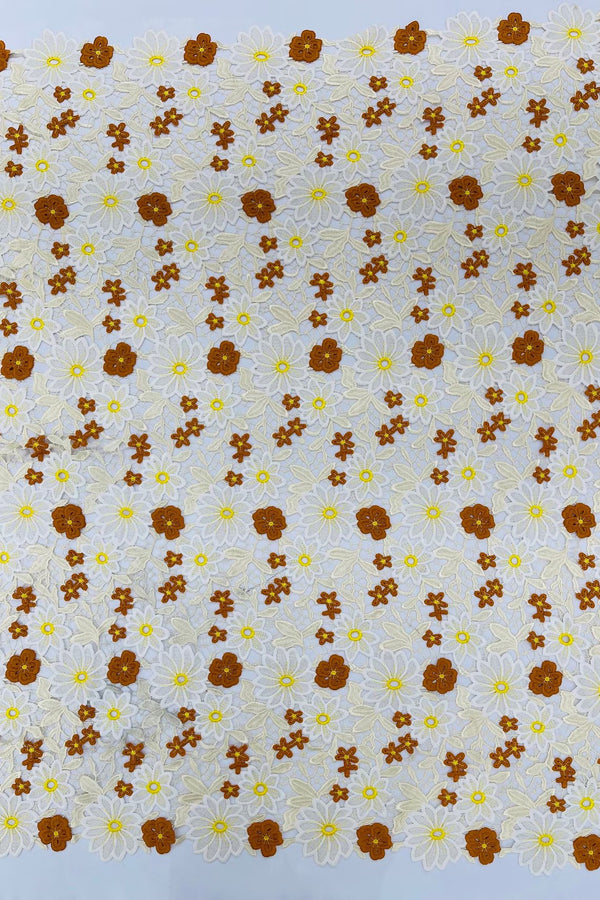 Multi-Color Guipure Lace Design Fabric - Ivory/Brown/Yellow - Floral Lace Fabric by Yard