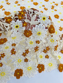 Multi-Color Guipure Lace Design Fabric - Ivory/Brown/Yellow - Floral Lace Fabric by Yard