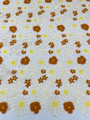 Multi-Color Guipure Lace Design Fabric - Ivory/Brown/Yellow - Floral Lace Fabric by Yard