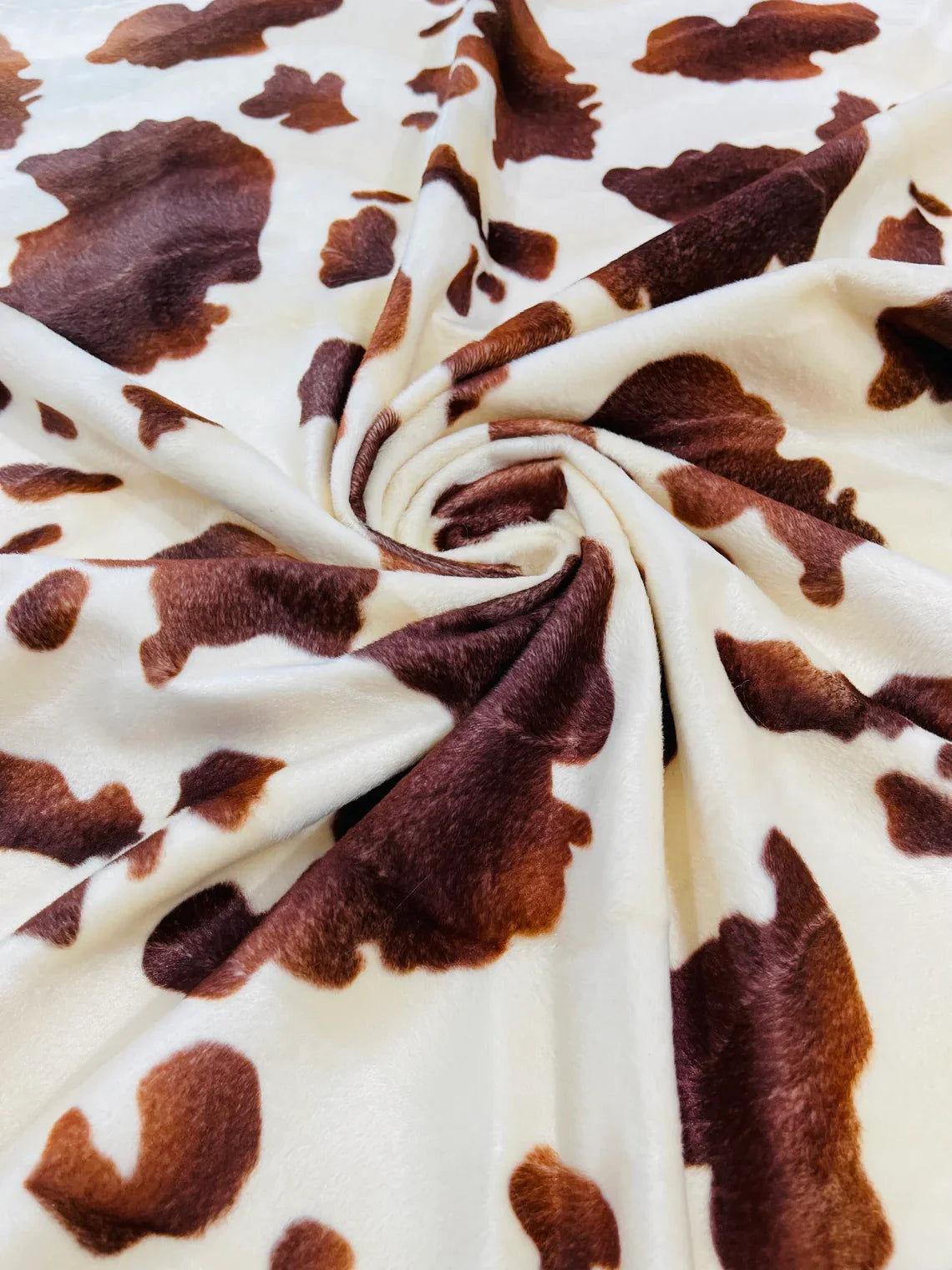 Cow Velboa Faux Fur Fabric - Ivory / Brown - Cow Animal Print Velboa Fabric Sold By The Yard