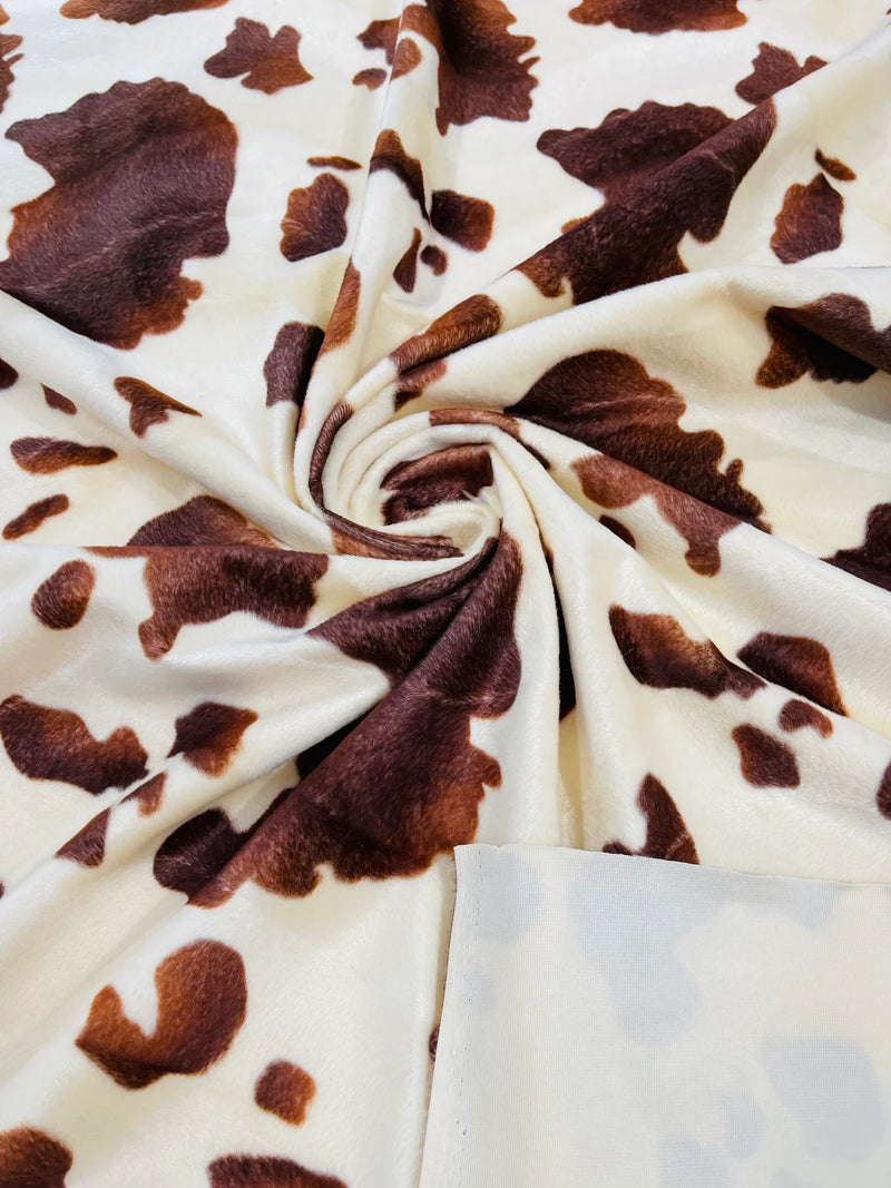 Cow Velboa Faux Fur Fabric - Ivory / Brown - Cow Animal Print Velboa Fabric Sold By The Yard