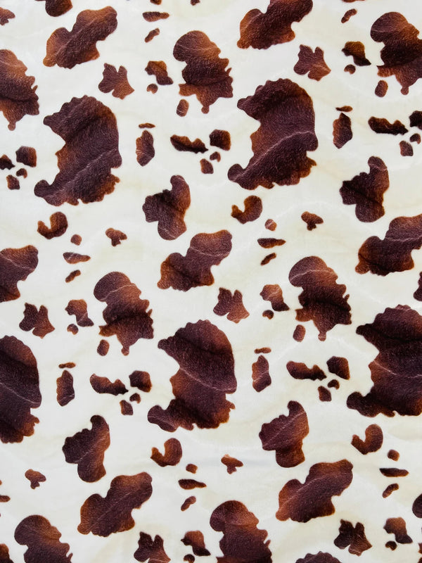 Cow Velboa Faux Fur Fabric - Ivory / Brown - Cow Animal Print Velboa Fabric Sold By The Yard