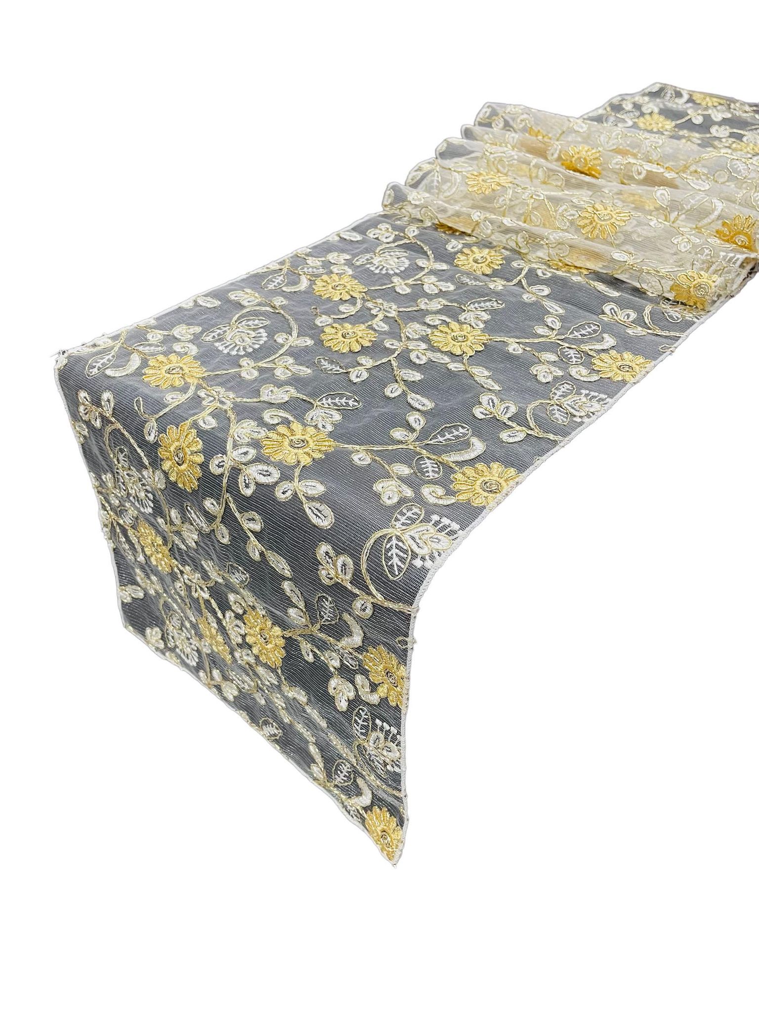 12" x 90" Metallic Flower Table Runner - Gold / Ivory - Fancy Runner for Event Decor