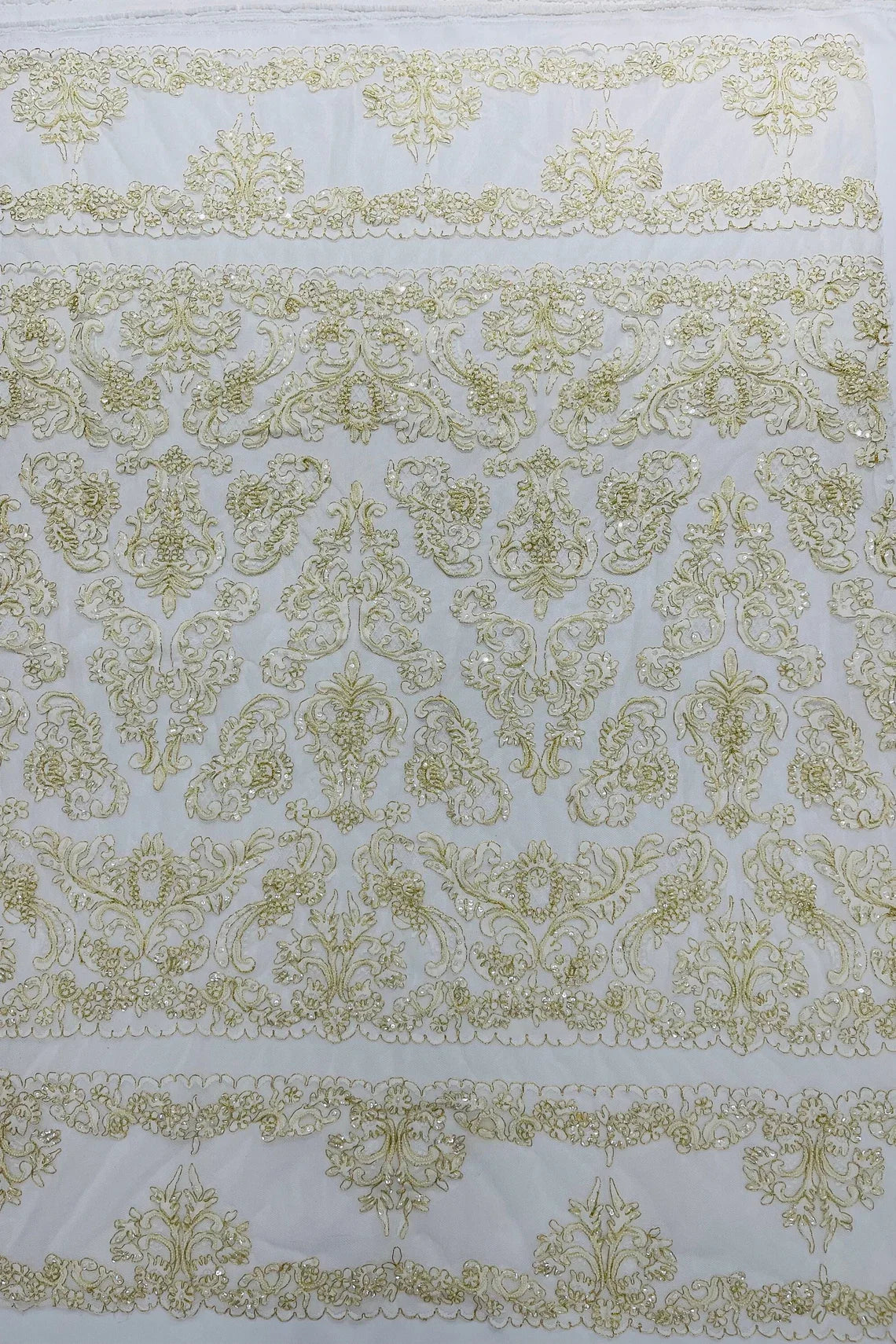 Beaded My Lady Damask Design - Ivory / Gold - Beaded Fancy Damask Embroidered Fabric By Yard