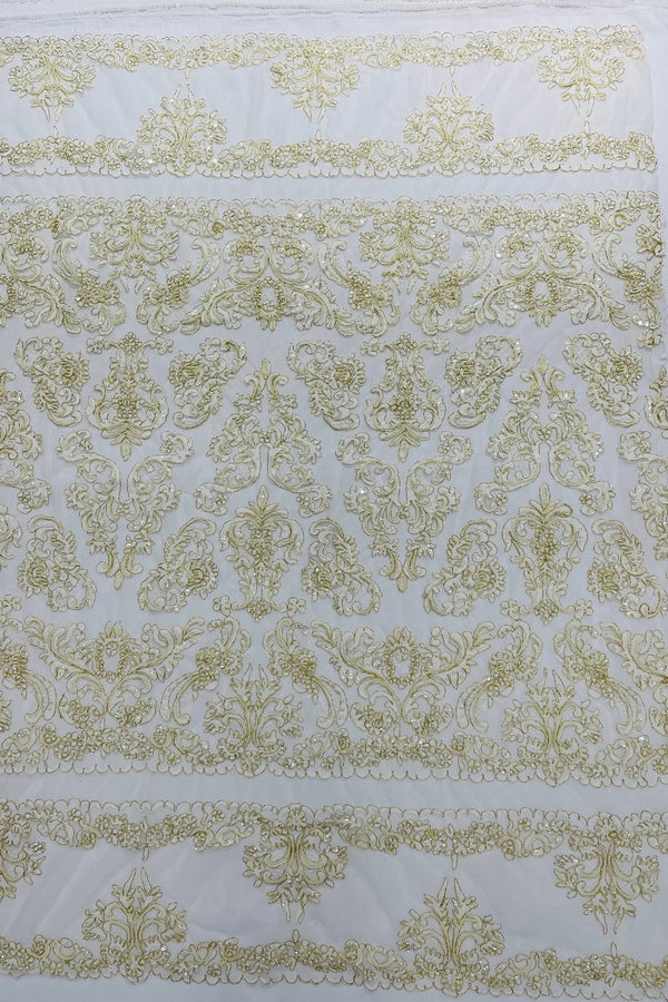 Beaded My Lady Damask Design - Ivory / Gold - Beaded Fancy Damask Embroidered Fabric By Yard