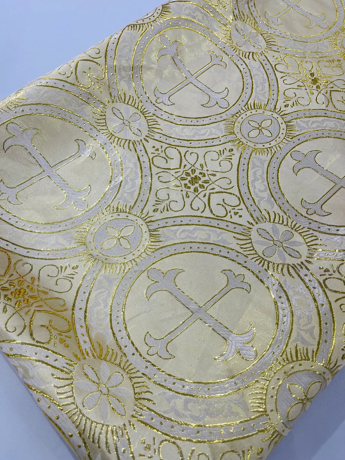 Brocade Cross Fabric - Ivory / Gold - Church Vestment Religious Jacquard Fabric By Yard