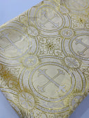 Brocade Cross Fabric - Ivory / Gold - Church Vestment Religious Jacquard Fabric By Yard
