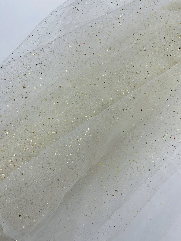 Sparkling Glitter Tulle Fabric - Ivory / Gold - Sparkling Glitter Tulle Mesh Fabric Sold By Yard