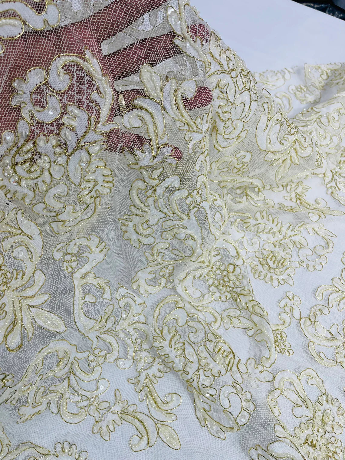 Beaded My Lady Damask Design - Ivory / Gold - Beaded Fancy Damask Embroidered Fabric By Yard