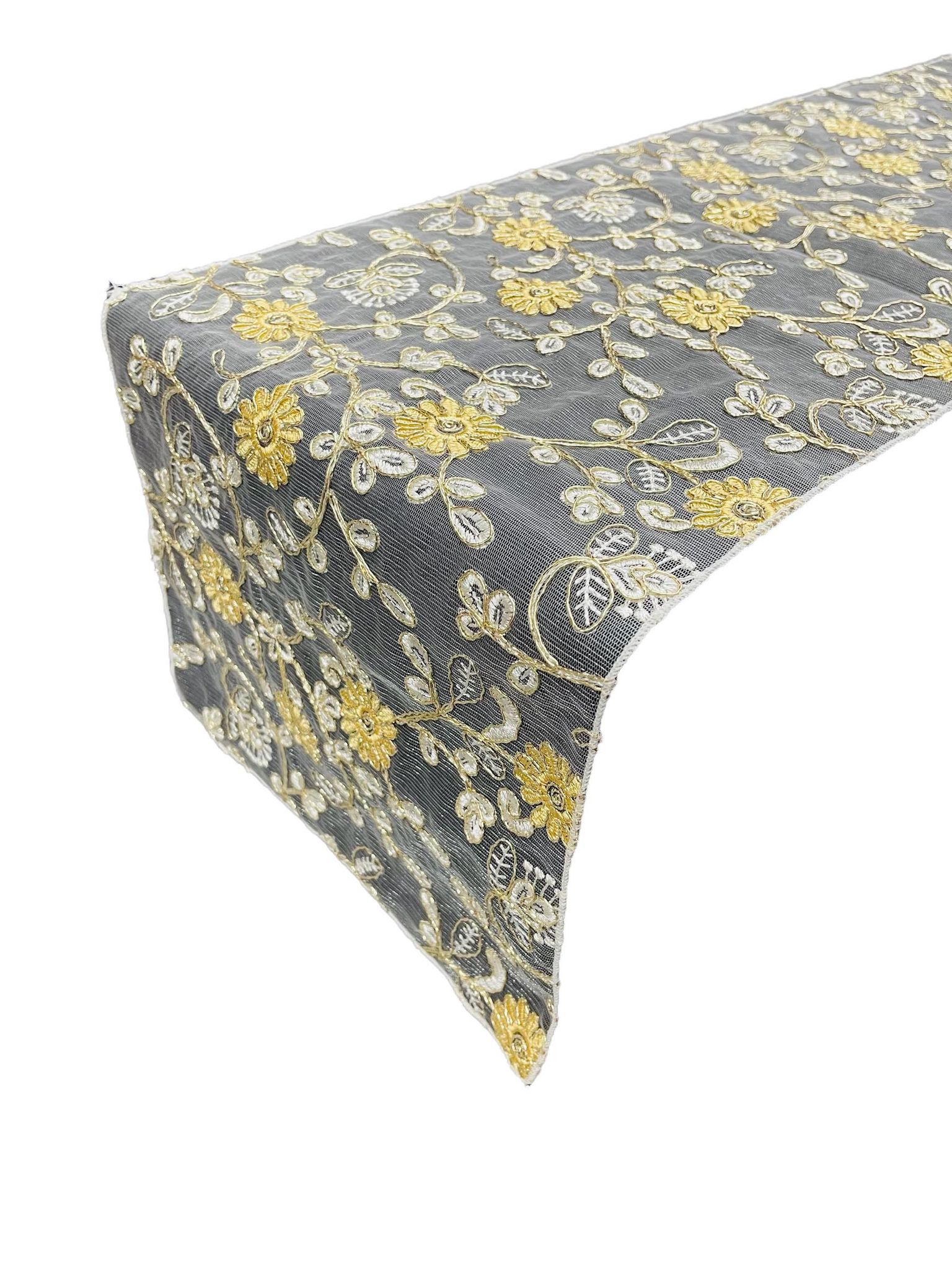 12" x 90" Metallic Flower Table Runner - Gold / Ivory - Fancy Runner for Event Decor