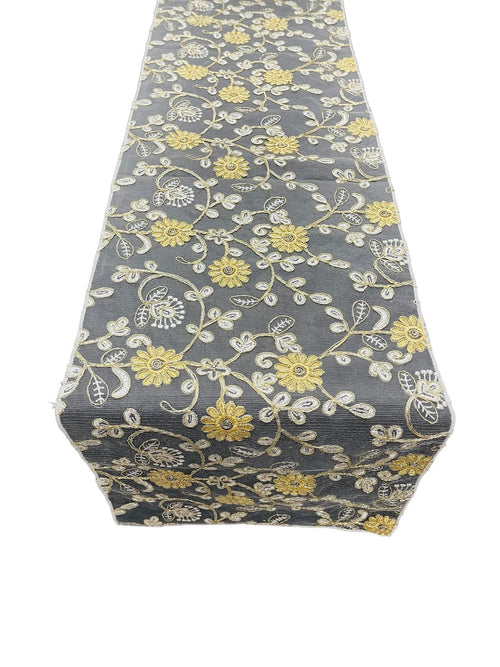 12" x 90" Metallic Flower Table Runner - Gold / Ivory - Fancy Runner for Event Decor