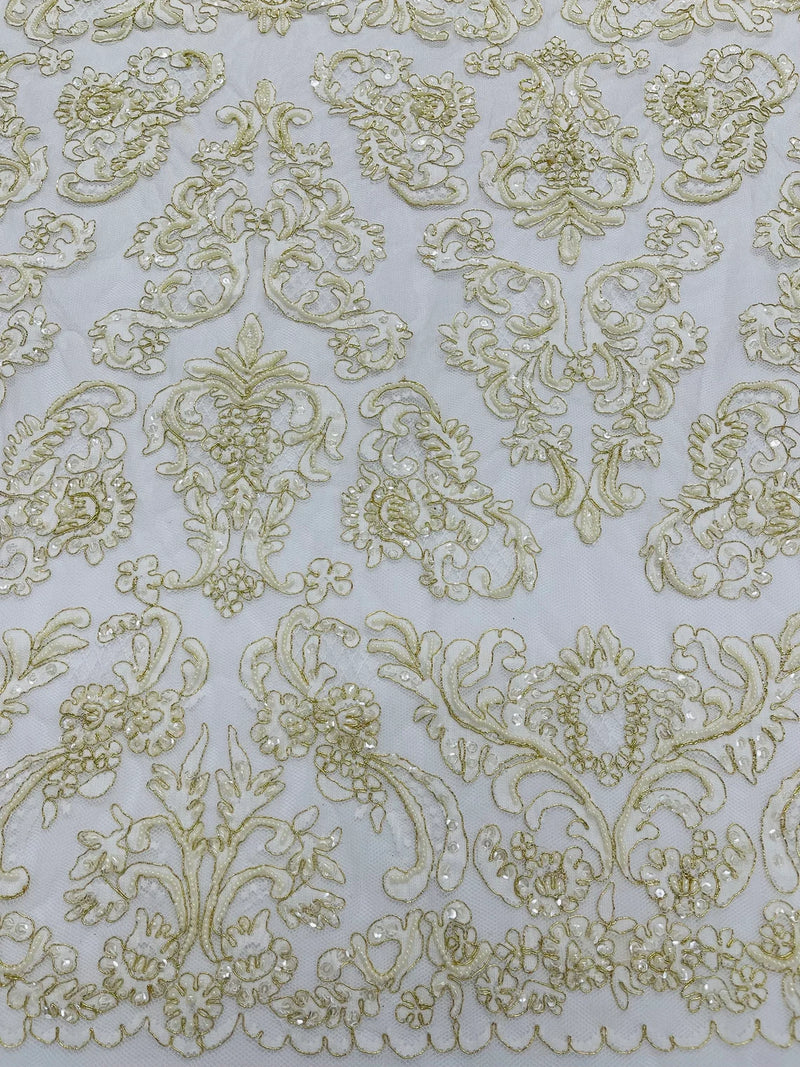 Beaded My Lady Damask Design - Ivory / Gold - Beaded Fancy Damask Embroidered Fabric By Yard