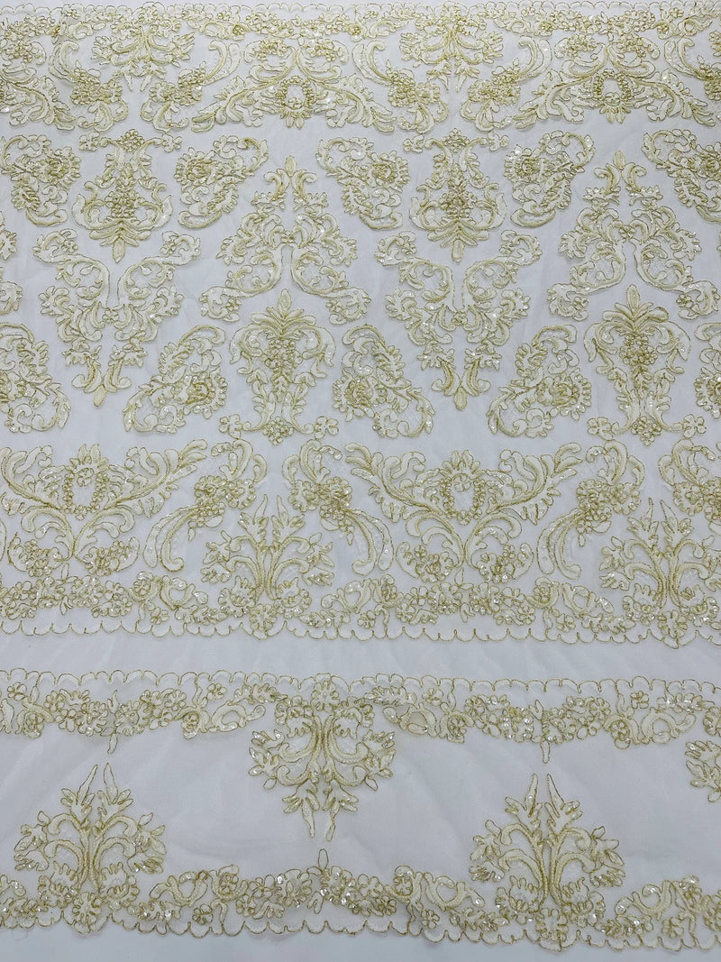 Beaded My Lady Damask Design - Ivory / Gold - Beaded Fancy Damask Embroidered Fabric By Yard