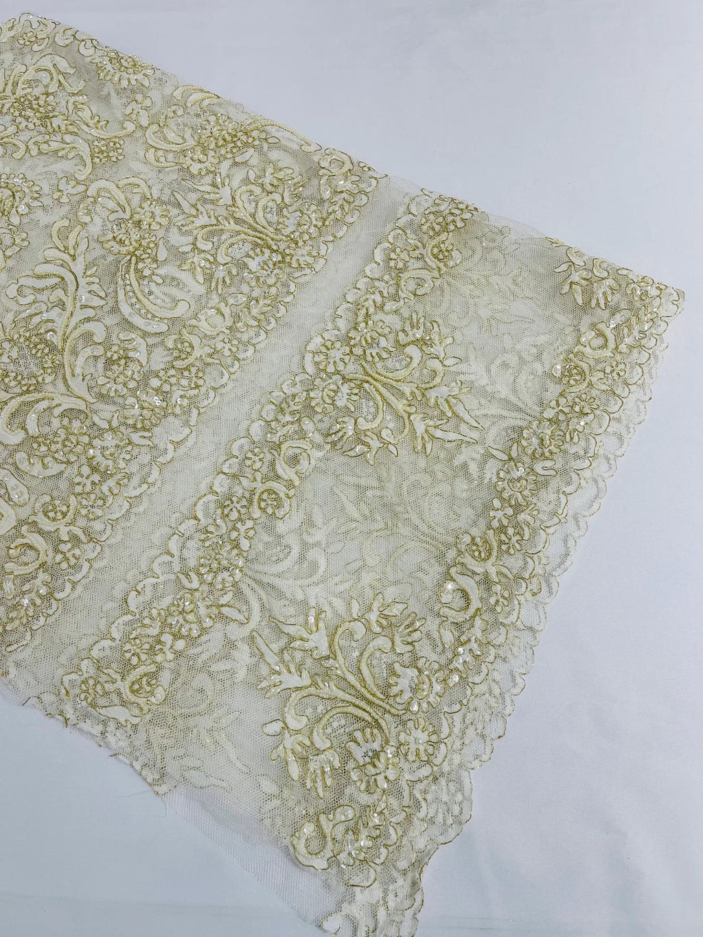 Beaded My Lady Damask Design - Ivory / Gold - Beaded Fancy Damask Embroidered Fabric By Yard