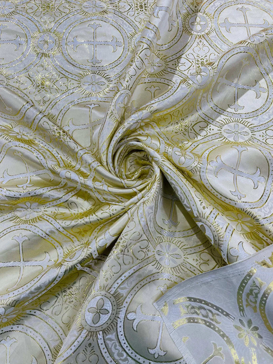 Brocade Cross Fabric - Ivory / Gold - Church Vestment Religious Jacquard Fabric By Yard