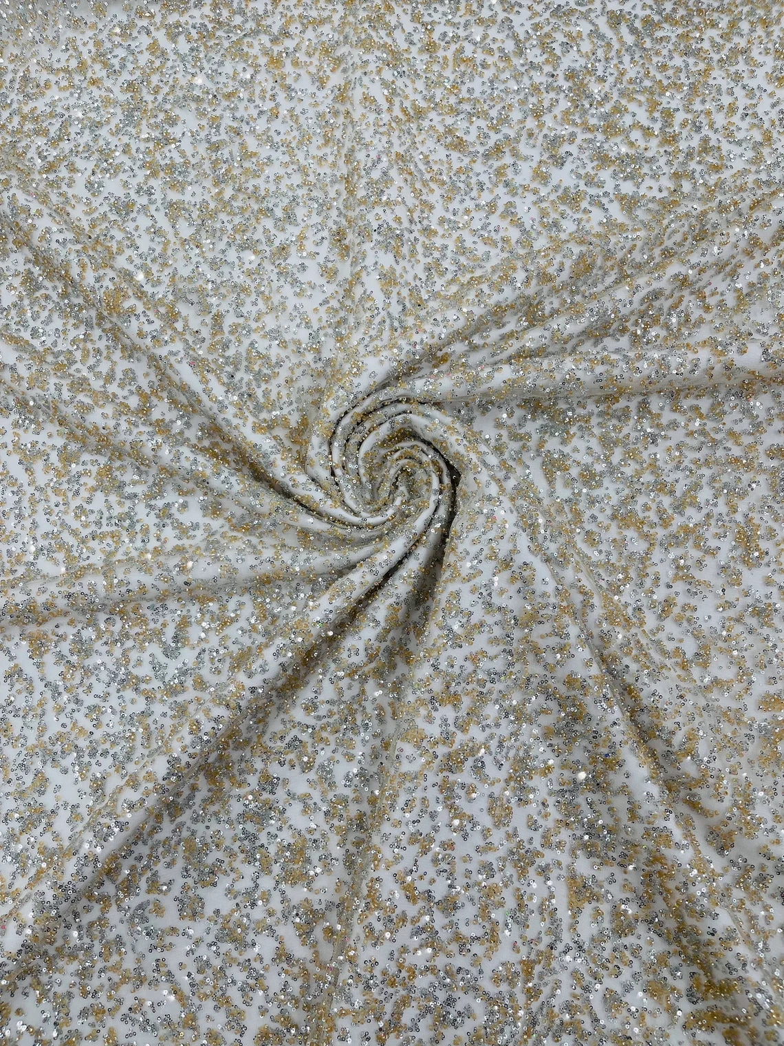 Beads and Sequins Lace - Ivory / Silver - Embroidered Beads and Sequins on Lace Mesh Fabric By Yard