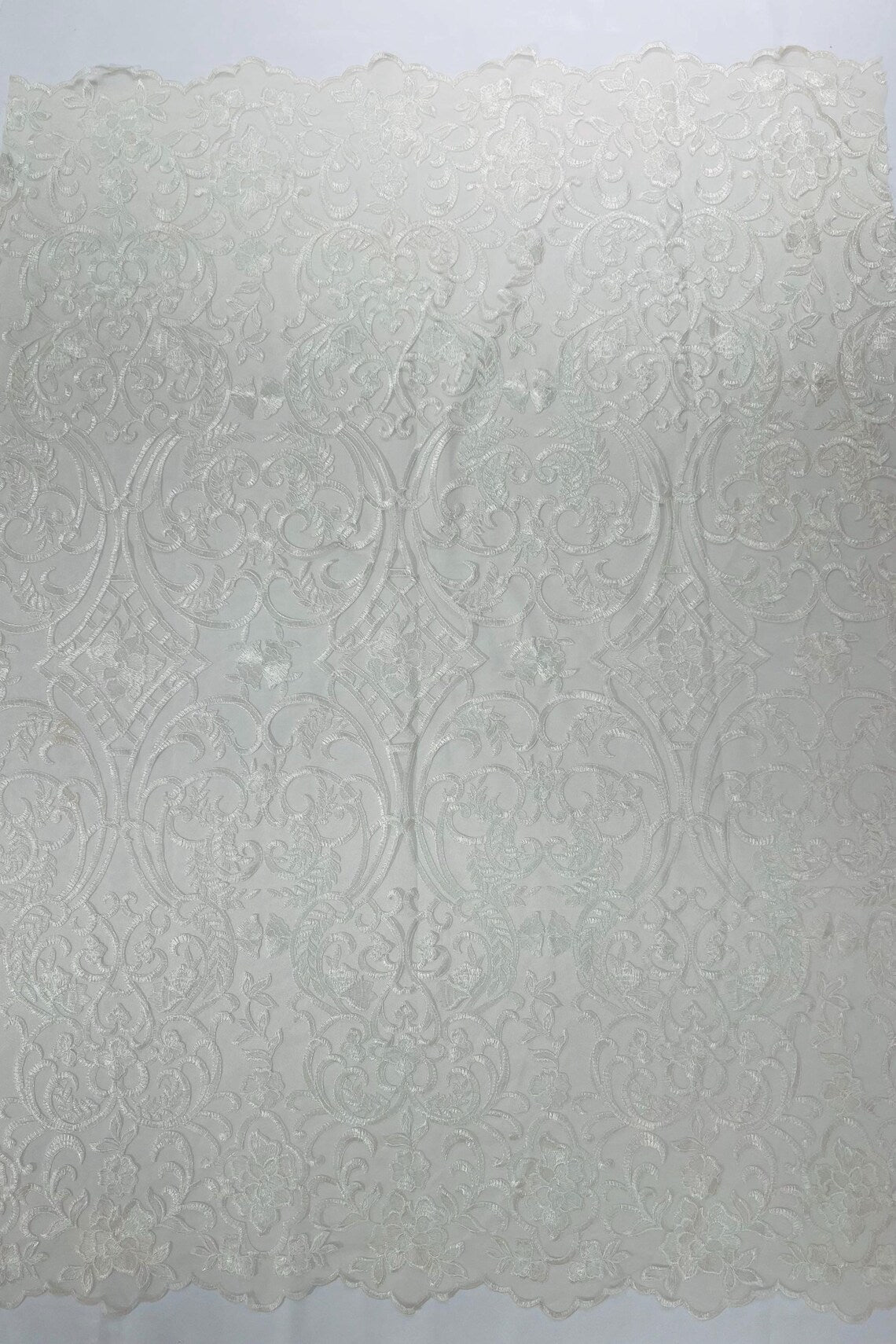 Fancy Damask Lace Fabric - Ivory - Embroidered Damask Design Mesh on Lace Fabric by Yard