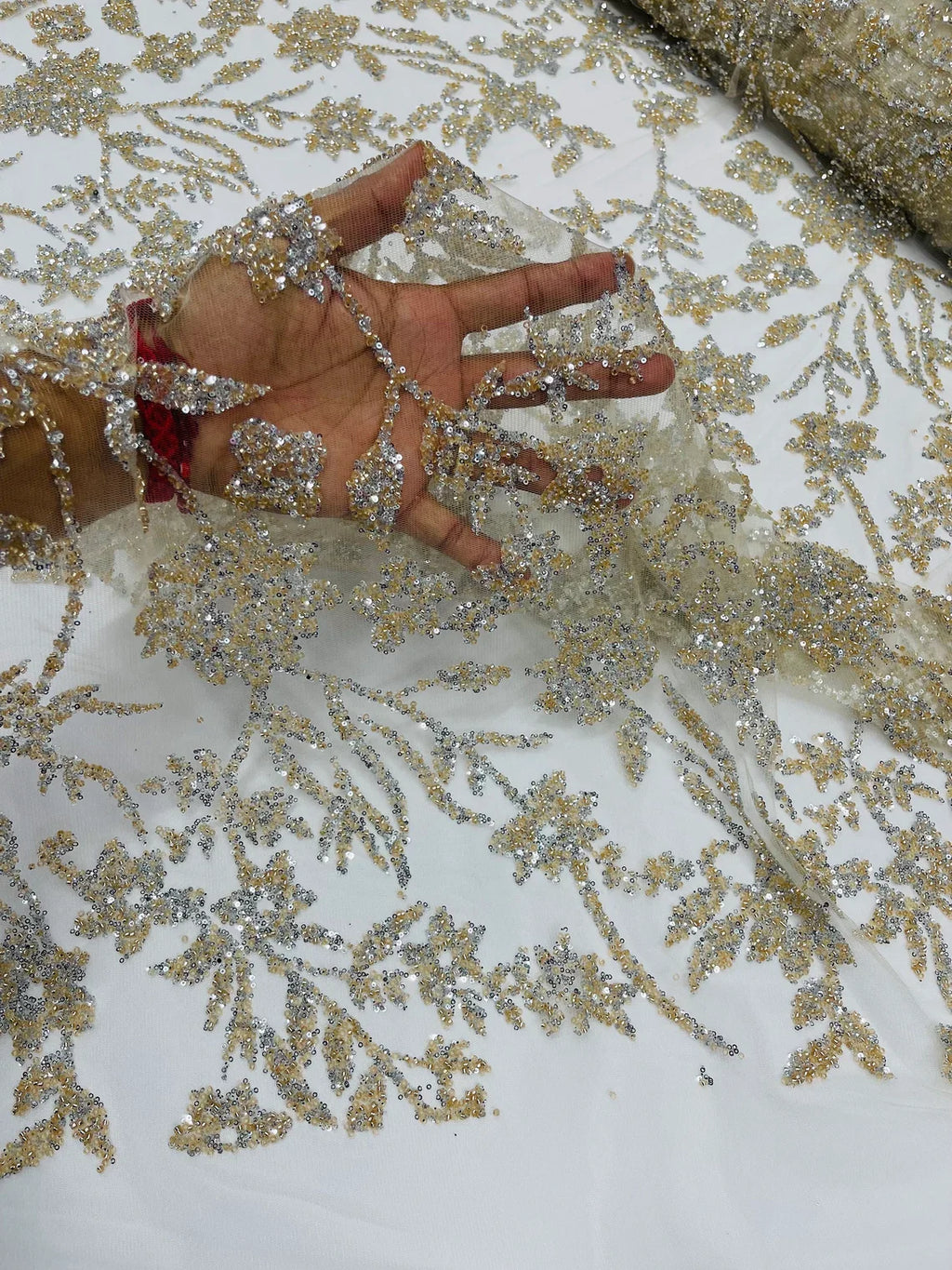 Floral Silver Beaded Fabric - Ivory - Flower Design with Silver Beads and Sequins on Lace by Yard