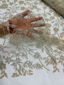 Floral Silver Beaded Fabric - Ivory - Flower Design with Silver Beads and Sequins on Lace by Yard