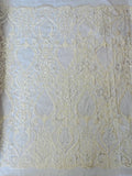 Damask Leaf Bead Fabric - Ivory - Heavy Beaded Embroidered Sequins Lace Fabric by Yard