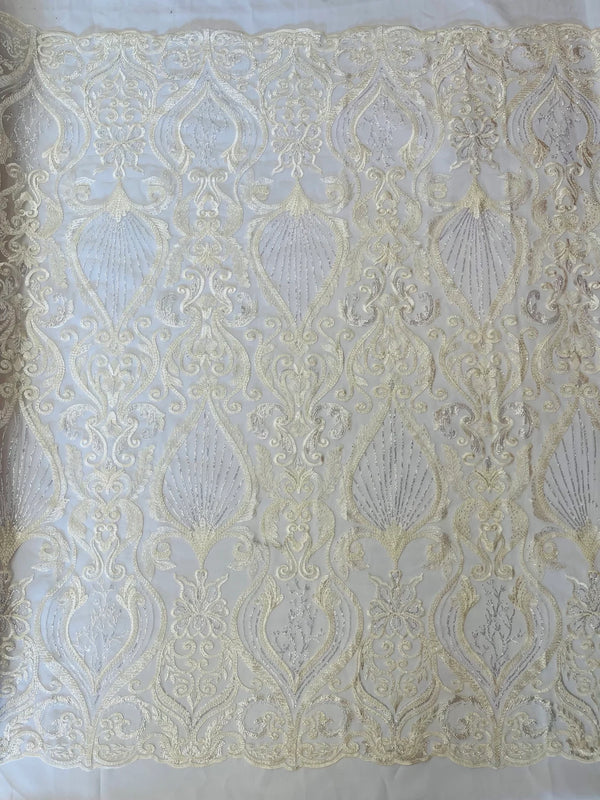 Damask Leaf Bead Fabric - Ivory - Heavy Beaded Embroidered Sequins Lace Fabric by Yard