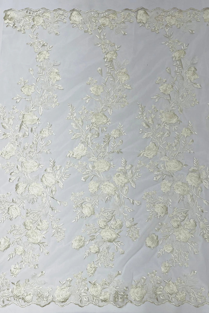 Sequins Lace Rose Design - Ivory - Embroidered Rose Plant Design on Lace Fabric Sold By Yard