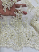 Rhinestone Beaded Fabric - Ivory - Beaded Floral Rhinestone Design with Fancy Border Sold By Yard