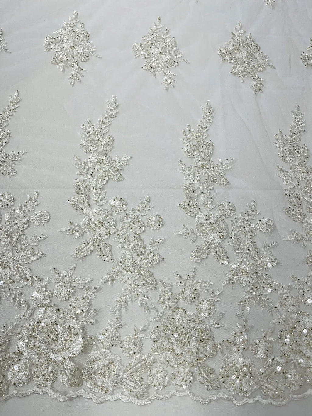 Beaded Rose Flower Fabric - Ivory - Embroidered Beaded Long Border Floral Fabric By Yard