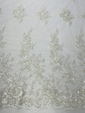 Beaded Rose Flower Fabric - Ivory - Embroidered Beaded Long Border Floral Fabric By Yard