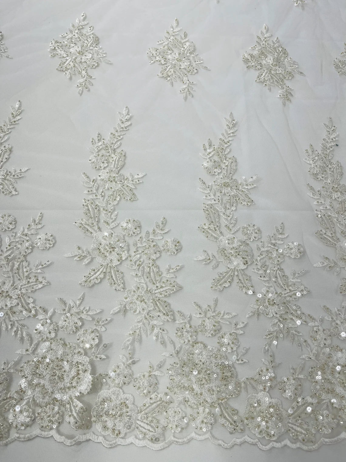 Beaded Rose Flower Fabric - Ivory - Embroidered Beaded Long Border Floral Fabric By Yard
