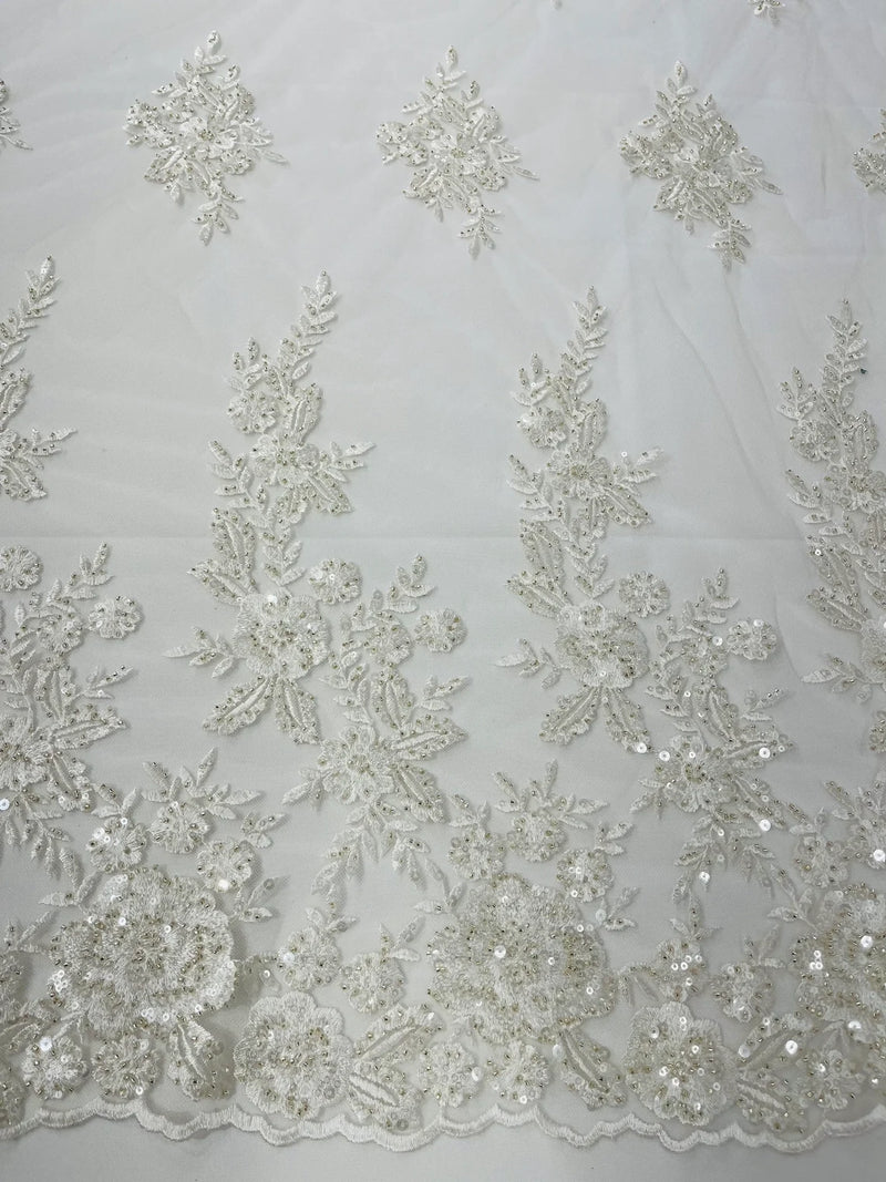 Beaded Rose Flower Fabric - Ivory - Embroidered Beaded Long Border Floral Fabric By Yard