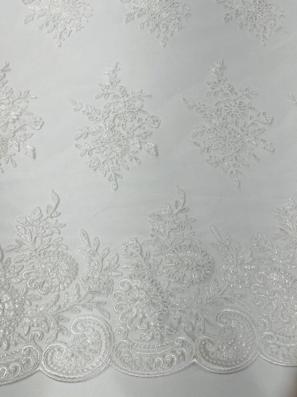 Floral Lace Flower Fabric - Ivory - Floral Embroidered Fabric with Sequins on Lace By Yard