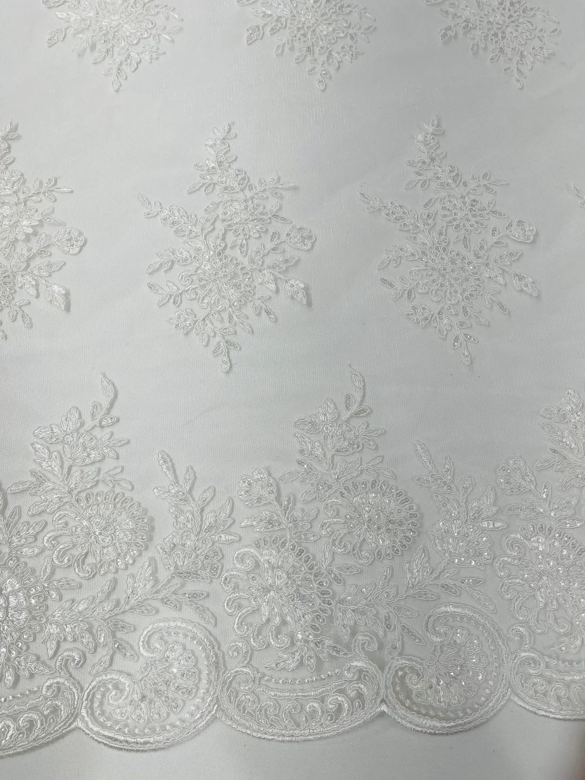 Floral Lace Flower Fabric - Ivory - Floral Embroidered Fabric with Sequins on Lace By Yard