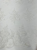 Floral Lace Flower Fabric - Ivory - Floral Embroidered Fabric with Sequins on Lace By Yard